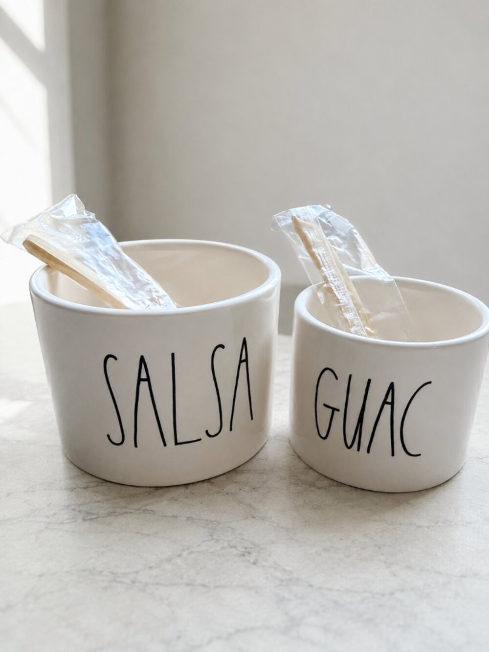 Rae Dunn Salsa & Guac Ceramic Bowl Set With Bamboo Spoons NWOB